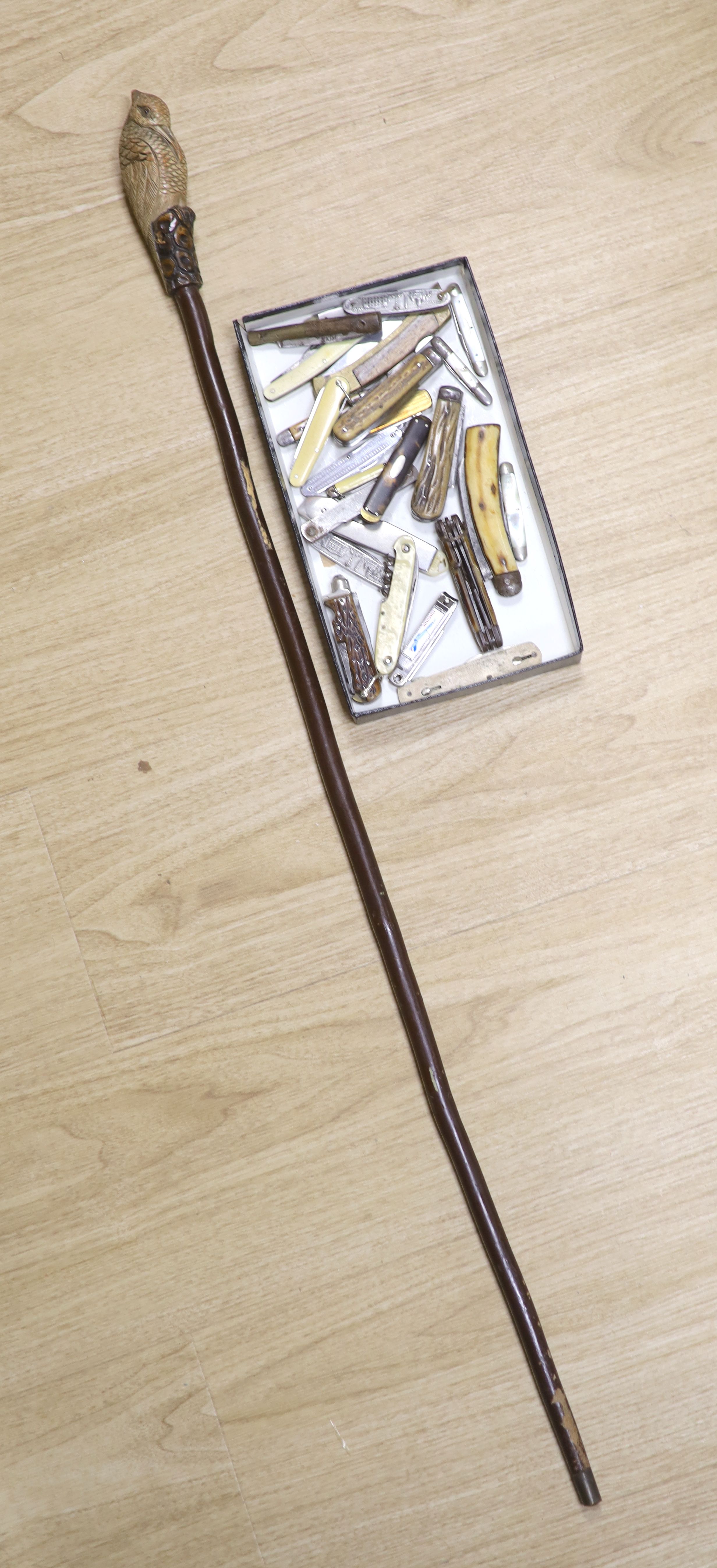 A walking cane with carved bird grip, and a collection of pen knives